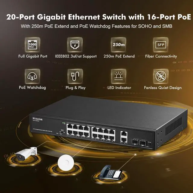 Alt view image 2 of 7 - 20 Port Gigabit PoE Switch, 16 Gigabit PoE+ Ports, 2 Gigabit Uplink, 2 Gigabit SFP, 200W IEEE802.3af/at, Metal Rackmount Unmanaged Plug and Play Ethernet Switch
