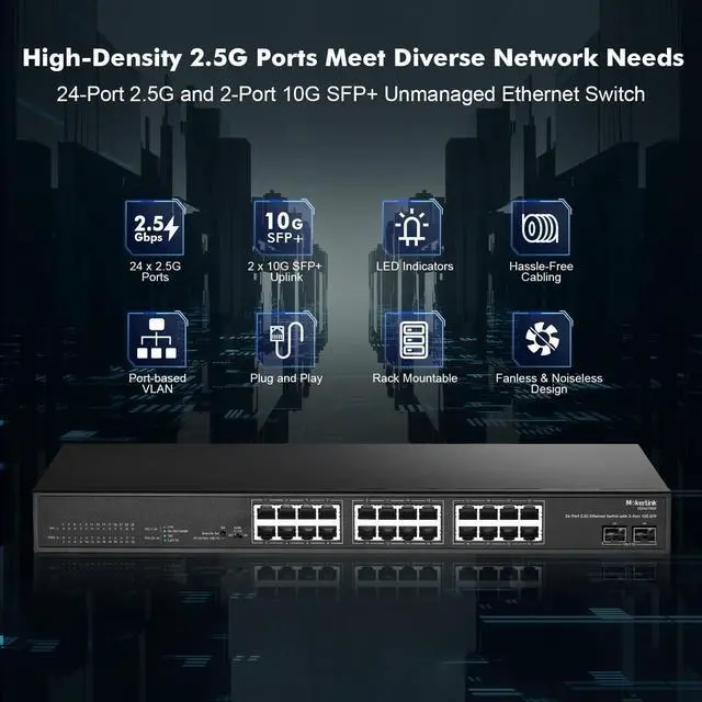 Alt view image 2 of 7 - 24 Port 2.5G Ethernet Switch with 2x10G SFP, 24 x 2.5G Base-T Ports Compatible with 10/100/1000Mbps, Metal Unmanaged Fanless Rackmount Network Switch