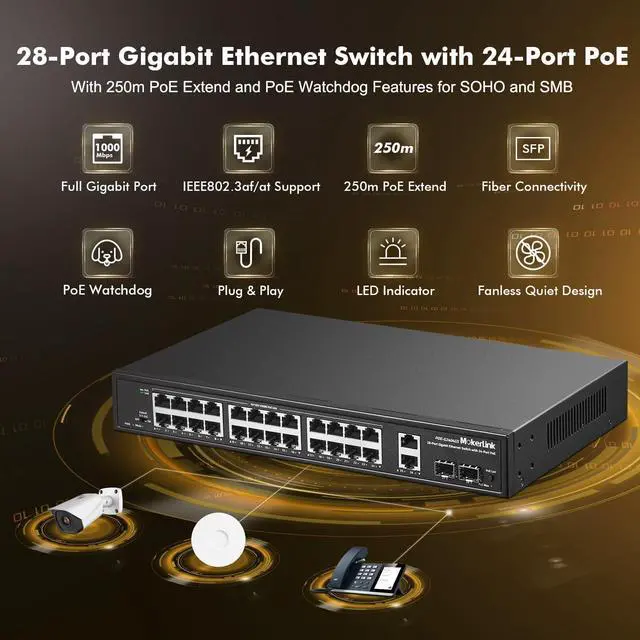 Alt view image 2 of 7 - 28 Port Gigabit PoE Switch, 24 Gigabit PoE+ Ports, 2 Gigabit Uplink, 2 Gigabit SFP, 300W IEEE802.3af/at, Metal Rackmount Unmanaged Plug and Play Ethernet Switch