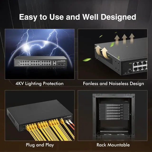 Alt view image 6 of 7 - 28 Port Gigabit PoE Switch, 24 Gigabit PoE+ Ports, 2 Gigabit Uplink, 2 Gigabit SFP, 300W IEEE802.3af/at, Metal Rackmount Unmanaged Plug and Play Ethernet Switch