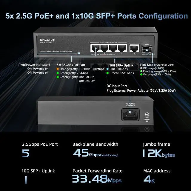 Alt view image 5 of 7 - 5 Port 2.5 Gigabit PoE Switch with 10G SFP, 5 x 2.5G Ethernet Ports, 4 Port PoE IEEE802.3af/at, 65W, Compatible with 10/100/1000Mbps, Unmanaged Fanless Wall Mountable Network Switch