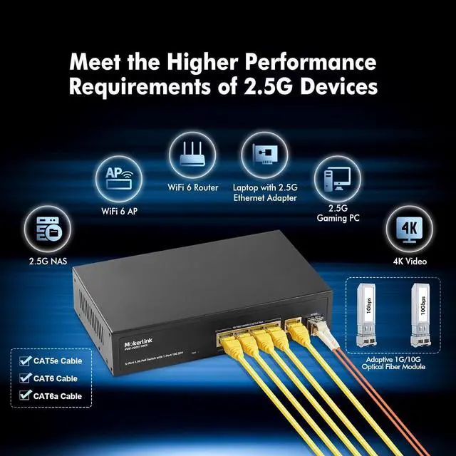 Alt view image 6 of 7 - 5 Port 2.5 Gigabit PoE Switch with 10G SFP, 5 x 2.5G Ethernet Ports, 4 Port PoE IEEE802.3af/at, 65W, Compatible with 10/100/1000Mbps, Unmanaged Fanless Wall Mountable Network Switch