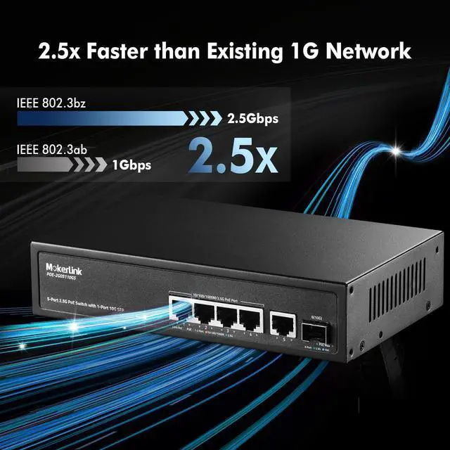Alt view image 3 of 7 - 5 Port 2.5 Gigabit PoE Switch with 10G SFP, 5 x 2.5G Ethernet Ports, 4 Port PoE IEEE802.3af/at, 65W, Compatible with 10/100/1000Mbps, Unmanaged Fanless Wall Mountable Network Switch