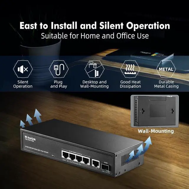 Alt view image 7 of 7 - 5 Port 2.5 Gigabit PoE Switch with 10G SFP, 5 x 2.5G Ethernet Ports, 4 Port PoE IEEE802.3af/at, 65W, Compatible with 10/100/1000Mbps, Unmanaged Fanless Wall Mountable Network Switch