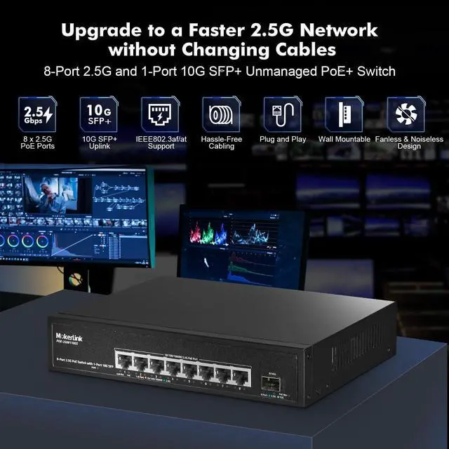 Alt view image 2 of 7 - 8 Port 2.5 Gigabit PoE Switch with 10G SFP, 8 x 2.5G Ethernet Ports, 8 Port PoE IEEE802.3af/at, 120W, Compatible with 10/100/1000Mbps, Unmanaged Fanless Wall Mountable Network Switch