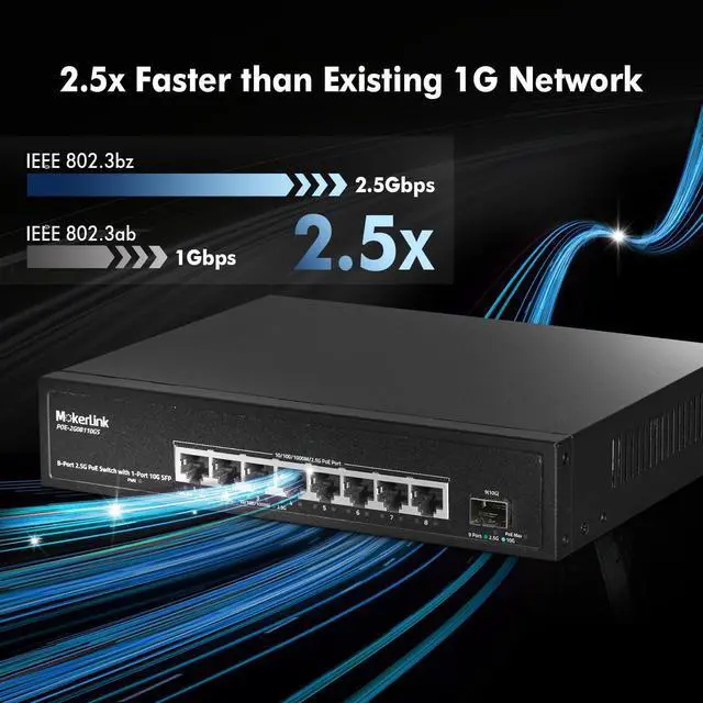 Alt view image 4 of 7 - 8 Port 2.5 Gigabit PoE Switch with 10G SFP, 8 x 2.5G Ethernet Ports, 8 Port PoE IEEE802.3af/at, 120W, Compatible with 10/100/1000Mbps, Unmanaged Fanless Wall Mountable Network Switch