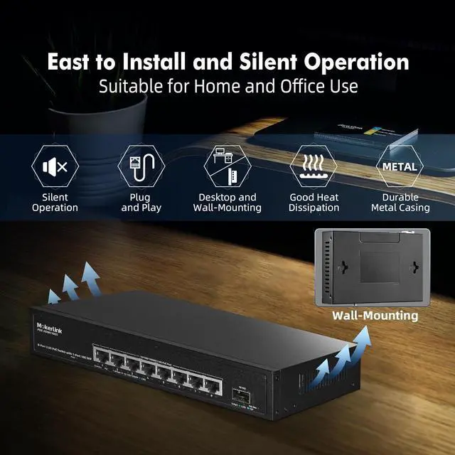 Alt view image 7 of 7 - 8 Port 2.5 Gigabit PoE Switch with 10G SFP, 8 x 2.5G Ethernet Ports, 8 Port PoE IEEE802.3af/at, 120W, Compatible with 10/100/1000Mbps, Unmanaged Fanless Wall Mountable Network Switch