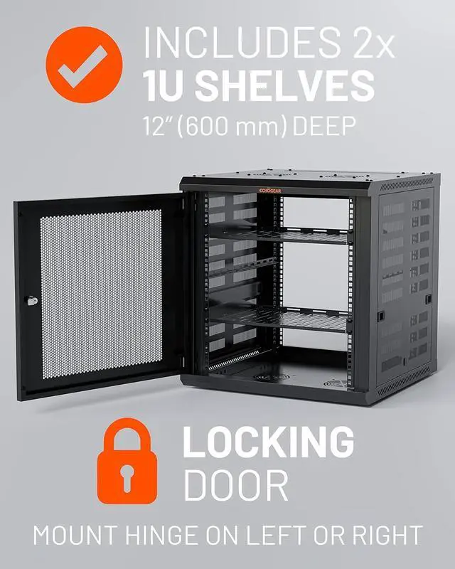 Alt view image 3 of 7 - ECHOGEAR 12U Network Rack - Enclosed Wall Mount Rack Kit Includes 2X 1U Shelves, Pre-Mounted Fan, Lockable Door & Hardware - 600mm Depth Fits All Your AV Gear
