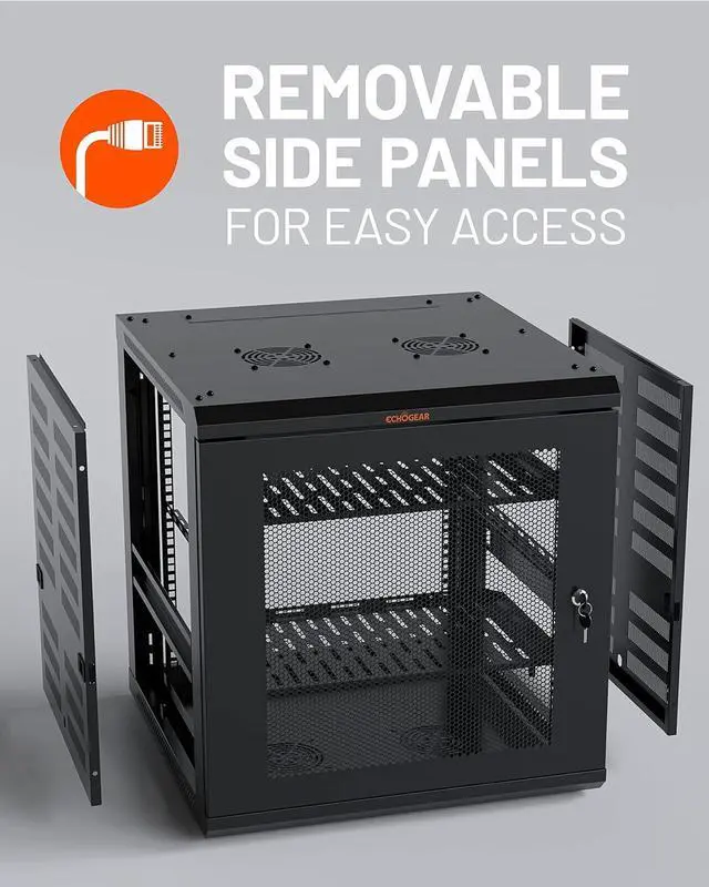 Alt view image 6 of 7 - ECHOGEAR 12U Network Rack - Enclosed Wall Mount Rack Kit Includes 2X 1U Shelves, Pre-Mounted Fan, Lockable Door & Hardware - 600mm Depth Fits All Your AV Gear
