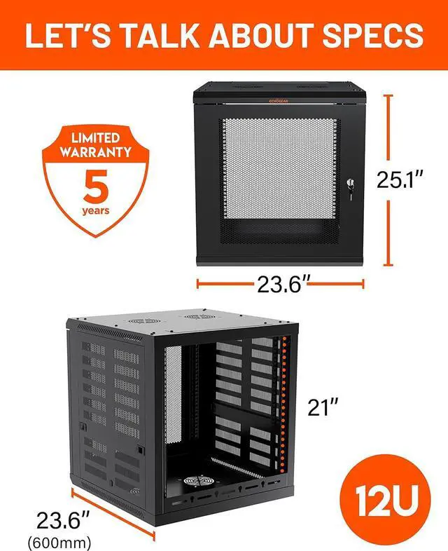 Alt view image 7 of 7 - ECHOGEAR 12U Network Rack - Enclosed Wall Mount Rack Kit Includes 2X 1U Shelves, Pre-Mounted Fan, Lockable Door & Hardware - 600mm Depth Fits All Your AV Gear