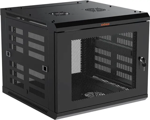 Main image of ECHOGEAR 9U Network Rack - Enclosed Wall Mount Rack Kit Includes 2X 1U Shelves, Pre-Mounted Fan, Lockable Door & Hardware - 600mm Depth Fits All Your AV Gear