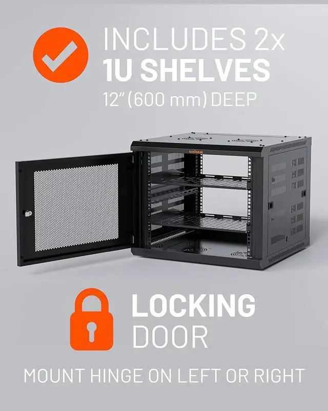 Alt view image 3 of 7 - ECHOGEAR 9U Network Rack - Enclosed Wall Mount Rack Kit Includes 2X 1U Shelves, Pre-Mounted Fan, Lockable Door & Hardware - 600mm Depth Fits All Your AV Gear