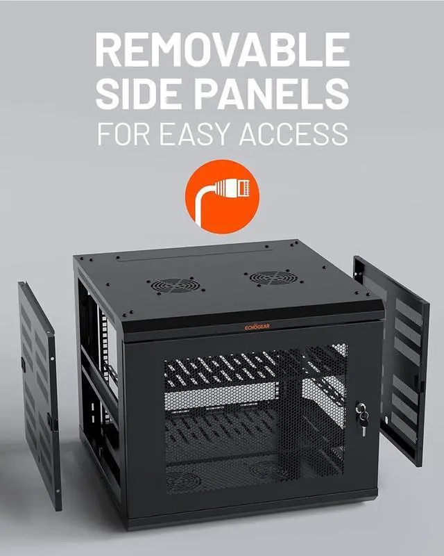 Alt view image 6 of 7 - ECHOGEAR 9U Network Rack - Enclosed Wall Mount Rack Kit Includes 2X 1U Shelves, Pre-Mounted Fan, Lockable Door & Hardware - 600mm Depth Fits All Your AV Gear