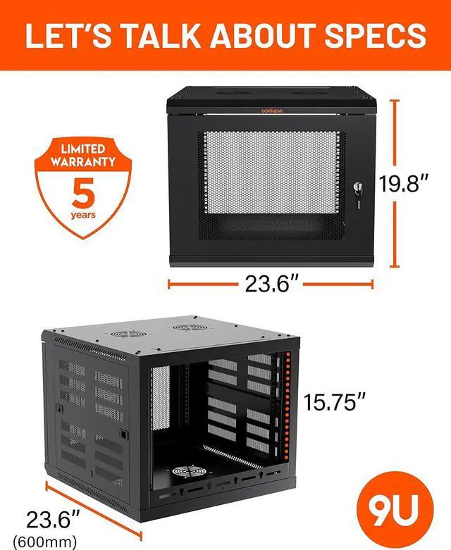 Alt view image 7 of 7 - ECHOGEAR 9U Network Rack - Enclosed Wall Mount Rack Kit Includes 2X 1U Shelves, Pre-Mounted Fan, Lockable Door & Hardware - 600mm Depth Fits All Your AV Gear