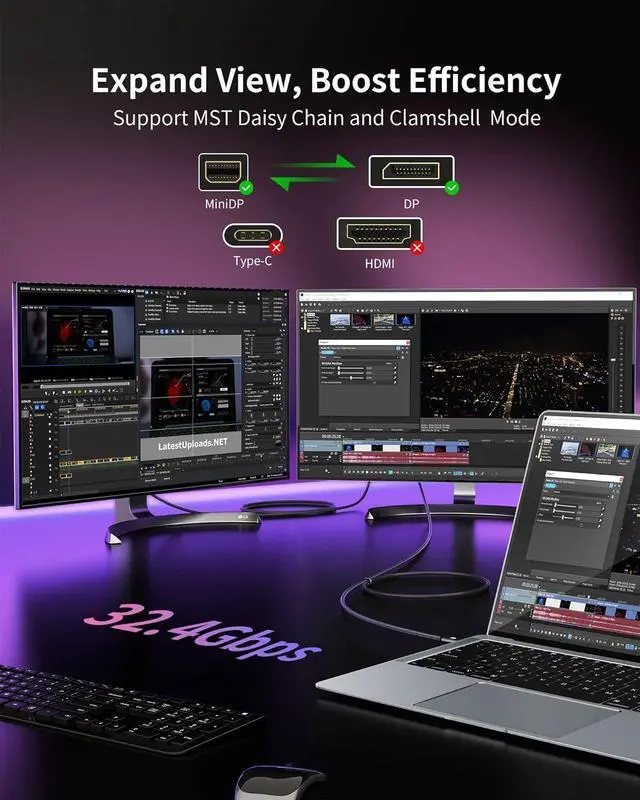 Alt view image 2 of 7 - 8K Mini DisplayPort to DisplayPort 1.4 Cable, [8K@60Hz, 4K@144Hz, 2K@240Hz] 32.4Gbps Bi-Directional, HDR, G-Sync, Mini DP [Thunderbolt 2 Compatible] for Gaming Laptop, MacBook, Monitor,3.3FT