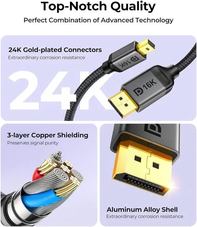 Alt view image 7 of 7 - 16K Mini DisplayPort to DisplayPort 2.1 Cable, [16K@60Hz, 8K@120Hz, 4K@240Hz] 80Gbps Bi-Directional, HDR, G-Sync, Mini DP [Thunderbolt 2] for Gaming Laptop, MacBook, Monitor,15FT