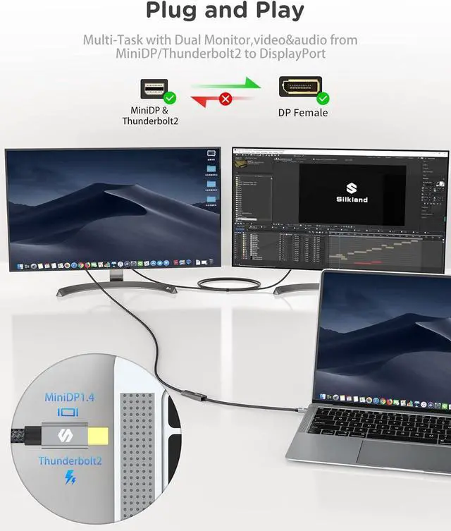 Alt view image 2 of 7 - 8K Mini DisplayPort to DisplayPort 1.4 Adapter, 8K@60Hz 4K@144Hz Mini DP to DP Adapter, HDR, DSC1.2, G-Sync FreeSync, Mini DP [Thunderbolt 2] Gaming Laptop, MacBook, iMac, Monitor, VR