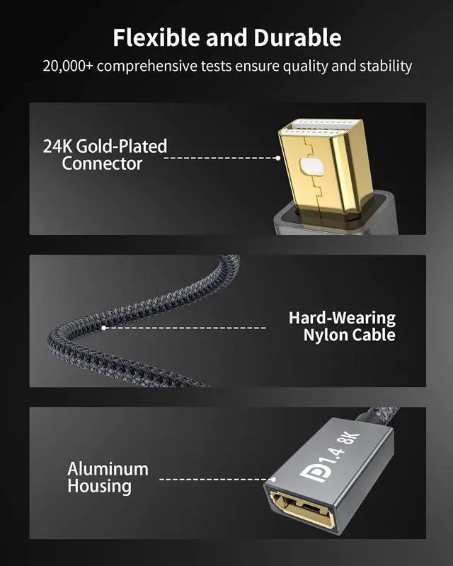 Alt view image 7 of 7 - 8K Mini DisplayPort to DisplayPort 1.4 Adapter, 8K@60Hz 4K@144Hz Mini DP to DP Adapter, HDR, DSC1.2, G-Sync FreeSync, Mini DP [Thunderbolt 2] Gaming Laptop, MacBook, iMac, Monitor, VR