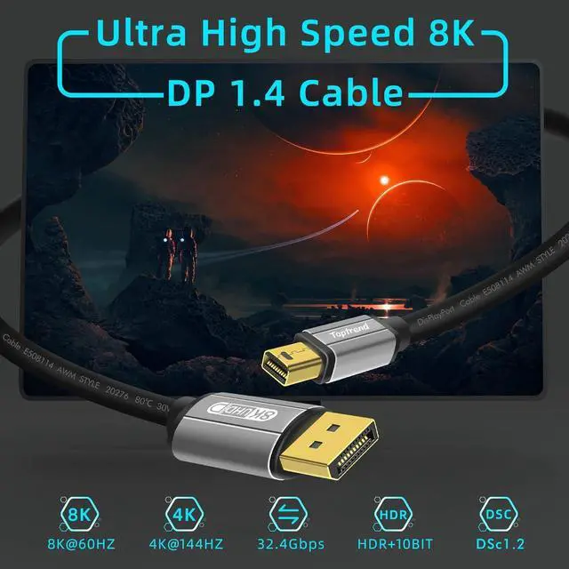 Alt view image 2 of 7 - Mini Displayport Cable 6FT, 8K DP [Display Port] Cable 1.4 Supports to 8K 60Hz,4K 144Hz,1080p 240Hz,HBR3,32.4Gbps,HDR,HDCP 2.2,G-sync and Freesync on The Gaming Monitor,HDTV,Laptop,etc