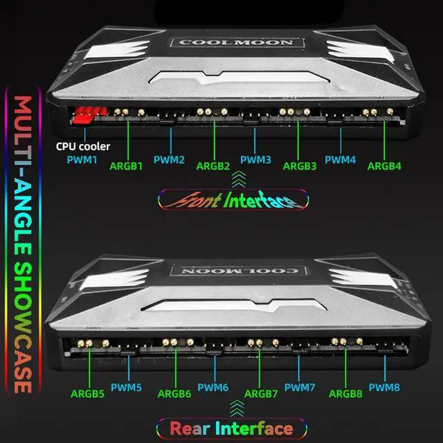 Alt view image 3 of 7 - Computer Fan Temperature ARGB Controller Integrator, Remote Control Computer ARGB Light Change Adapter, 8 PWM Fan Speed Controller Ports, 10 5V ARGB Ports with Magnet - Black
