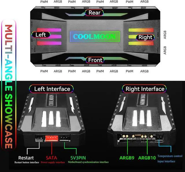Alt view image 2 of 7 - Computer Fan Temperature ARGB Controller Integrator, Remote Control Computer ARGB Light Change Adapter, 8 PWM Fan Speed Controller Ports, 10 5V ARGB Ports with Magnet - Black