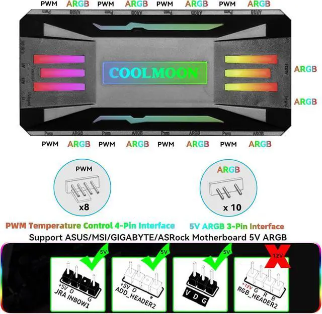 Alt view image 6 of 7 - Computer Fan Temperature ARGB Controller Integrator, Remote Control Computer ARGB Light Change Adapter, 8 PWM Fan Speed Controller Ports, 10 5V ARGB Ports with Magnet - Black