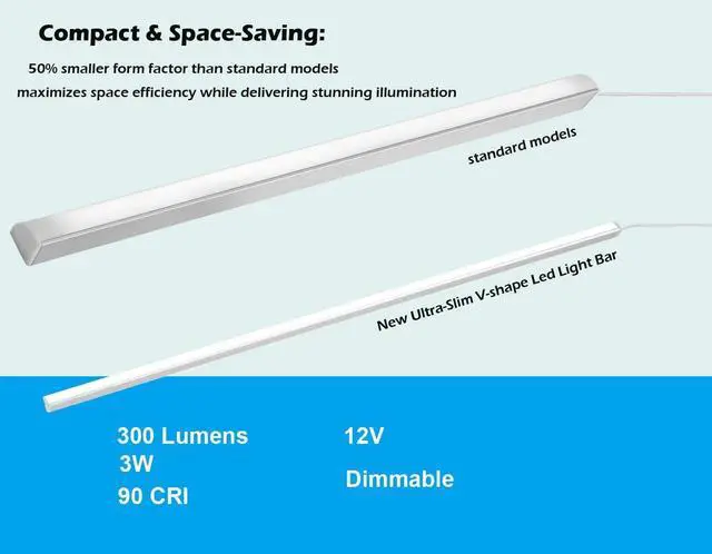 Alt view image 3 of 7 - V-Shape Under Cabinet Lighting Kit - 4pcs Sleeker 12" Dimmable LED Light Bars for Showcase Shelf Seamless Illumination - 1200lm, 12W - Pure White (6000K)