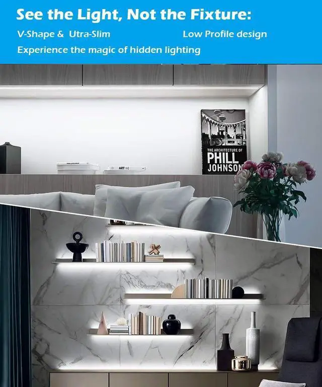 Alt view image 5 of 7 - V-Shape Under Cabinet Lighting Kit - 4pcs Sleeker 12" Dimmable LED Light Bars for Showcase Shelf Seamless Illumination - 1200lm, 12W - Pure White (6000K)