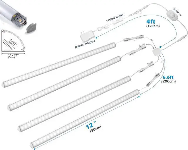 Alt view image 4 of 7 - V-Shape Under Cabinet Lighting Kit - 4pcs Sleeker 12" Dimmable LED Light Bars for Showcase Shelf Seamless Illumination - 1200lm, 12W - Pure White (6000K)