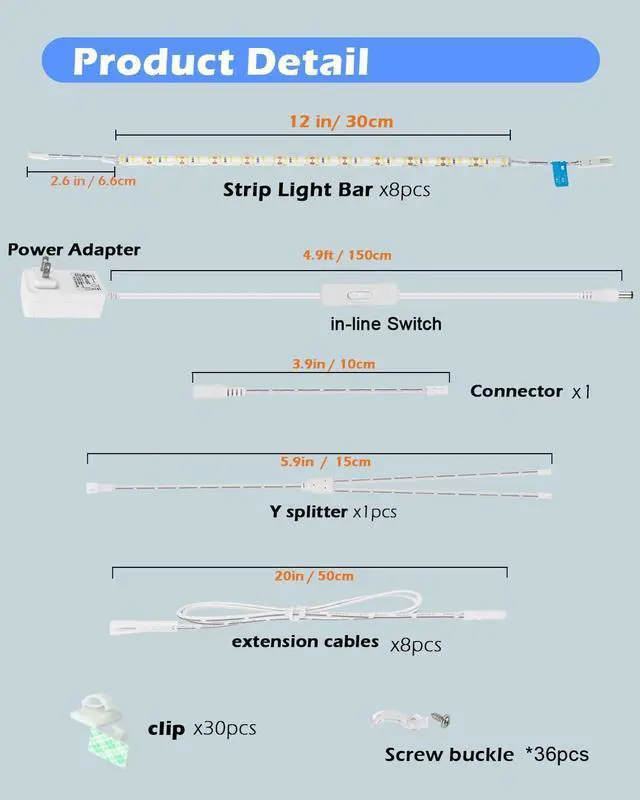 Alt view image 6 of 7 - LED Under Shelf Lighting Kit, (8) Linkable 12-Inch Light Strips Set, 20W 2000lm Daylight White, Flexible & Durable for Bookcases, Cabinets, Pantries, Showcase, Closet (Cool White)