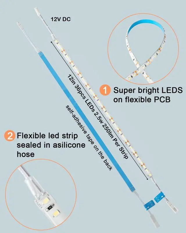Alt view image 5 of 7 - LED Under Shelf Lighting Kit, (8) Linkable 12-Inch Light Strips Set, 20W 2000lm Daylight White, Flexible & Durable for Bookcases, Cabinets, Pantries, Showcase, Closet (Cool White)