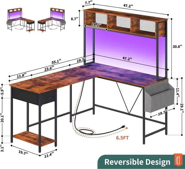 Alt view image 2 of 7 - L Shaped Desk Gaming Desk with LED Strip & Power Outlet, Reversible L-Shaped Computer Desk with Storage Shelf & Drawer, Corner Desk with Storage Bag, 2 Person Home Office Desk, Brown