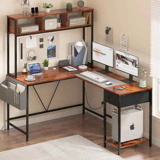 Alt view image 6 of 7 - L Shaped Desk Gaming Desk with LED Strip & Power Outlet, Reversible L-Shaped Computer Desk with Storage Shelf & Drawer, Corner Desk with Storage Bag, 2 Person Home Office Desk, Brown
