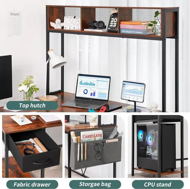 Alt view image 5 of 7 - L Shaped Desk Gaming Desk with LED Strip & Power Outlet, Reversible L-Shaped Computer Desk with Storage Shelf & Drawer, Corner Desk with Storage Bag, 2 Person Home Office Desk, Brown