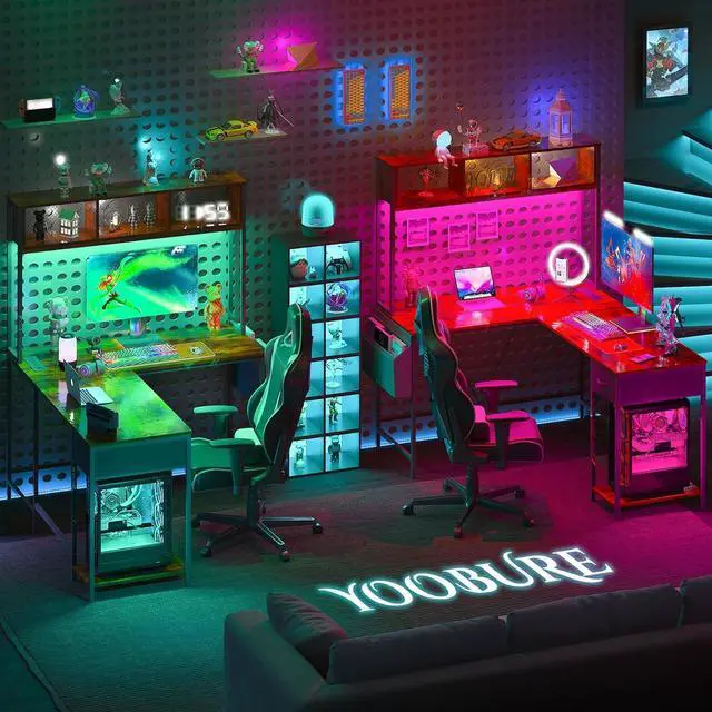 Alt view image 7 of 7 - L Shaped Desk Gaming Desk with LED Strip & Power Outlet, Reversible L-Shaped Computer Desk with Storage Shelf & Drawer, Corner Desk with Storage Bag, 2 Person Home Office Desk, Brown
