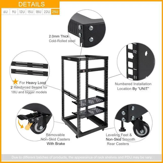 Alt view image 4 of 4 - 25U Open Frame Server Rack with Wheels + PDU (8 Outlets) Power Strip Surge Protector (2 Shelves +1 PDU, 25U)
