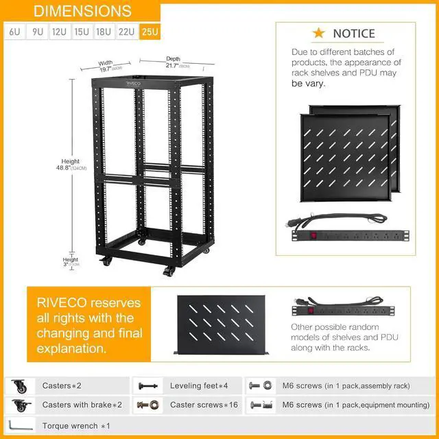Alt view image 2 of 4 - 25U Open Frame Server Rack with Wheels + PDU (8 Outlets) Power Strip Surge Protector (2 Shelves +1 PDU, 25U)