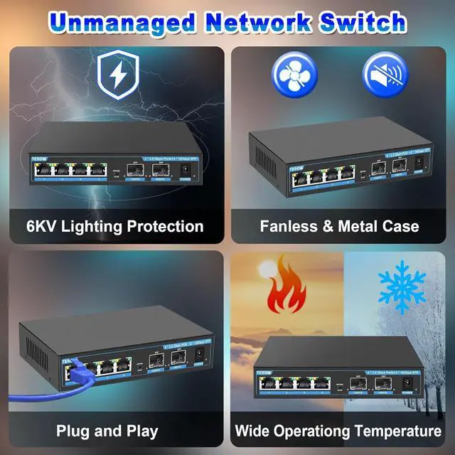 Alt view image 5 of 7 - 2.5G Ethernet Switch, Unmanaged 6-Port POE Switch, 4 x 2.5G Base-T & 2 x 10G SFP, Multi-Speed Network Switch, Compatible with Gigabit & 10Gb, Desktop/Wall Mount, Ideal for AP, NAS, PC