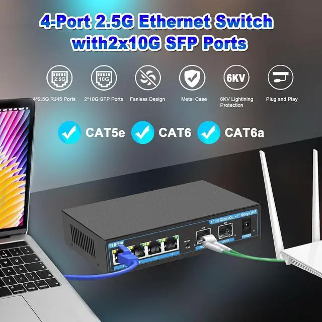 Alt view image 2 of 7 - 2.5G Ethernet Switch, Unmanaged 6-Port POE Switch, 4 x 2.5G Base-T & 2 x 10G SFP, Multi-Speed Network Switch, Compatible with Gigabit & 10Gb, Desktop/Wall Mount, Ideal for AP, NAS, PC