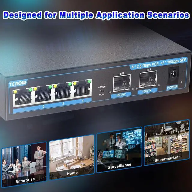 Alt view image 6 of 7 - 2.5G Ethernet Switch, Unmanaged 6-Port POE Switch, 4 x 2.5G Base-T & 2 x 10G SFP, Multi-Speed Network Switch, Compatible with Gigabit & 10Gb, Desktop/Wall Mount, Ideal for AP, NAS, PC