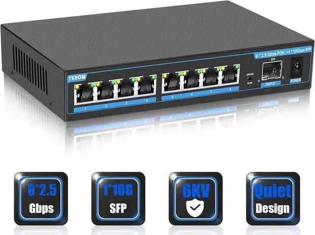 Main image of 2.5G Ethernet Switch, Unmanaged 9-Port POE Switch, 8 x 2.5G Base-T & 1 x 10G SFP, Multi-Speed Network Switch, Compatible with Gigabit & 10Gb, Desktop/Wall Mount, Ideal for AP, NAS, PC