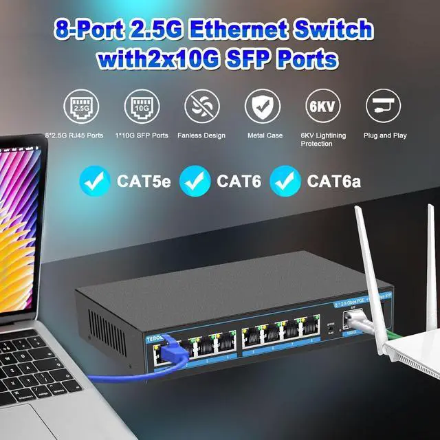 Alt view image 2 of 7 - 2.5G Ethernet Switch, Unmanaged 9-Port POE Switch, 8 x 2.5G Base-T & 1 x 10G SFP, Multi-Speed Network Switch, Compatible with Gigabit & 10Gb, Desktop/Wall Mount, Ideal for AP, NAS, PC