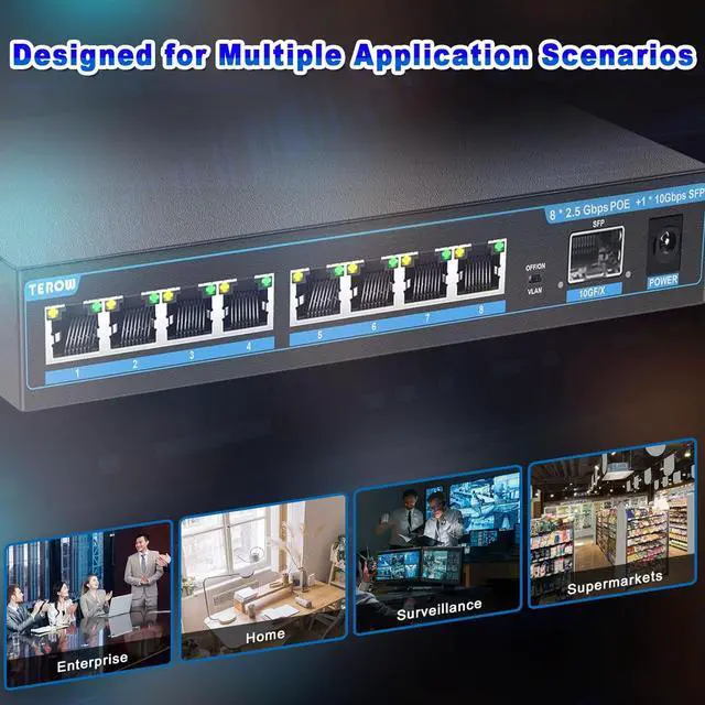 Alt view image 7 of 7 - 2.5G Ethernet Switch, Unmanaged 9-Port POE Switch, 8 x 2.5G Base-T & 1 x 10G SFP, Multi-Speed Network Switch, Compatible with Gigabit & 10Gb, Desktop/Wall Mount, Ideal for AP, NAS, PC