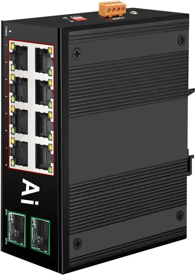 Main image of Industrial 8 Ports PoE Switch with 2 x Gigabit SFP Uplink Slots and Industrial DIN Rail, POE Budget 120W, POE Watchdog, DIN-Rail POE Switch for PTZ Camera/POE Lighting/ POE Monitor