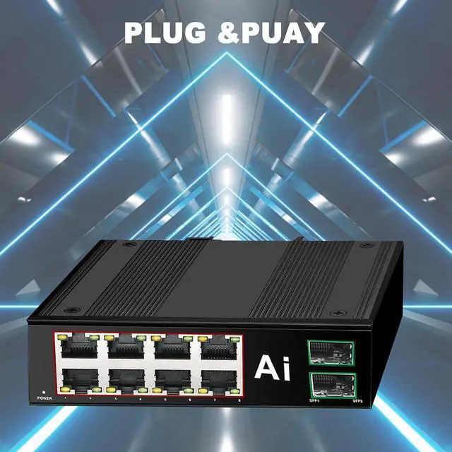 Alt view image 2 of 7 - Industrial 8 Ports PoE Switch with 2 x Gigabit SFP Uplink Slots and Industrial DIN Rail, POE Budget 120W, POE Watchdog, DIN-Rail POE Switch for PTZ Camera/POE Lighting/ POE Monitor