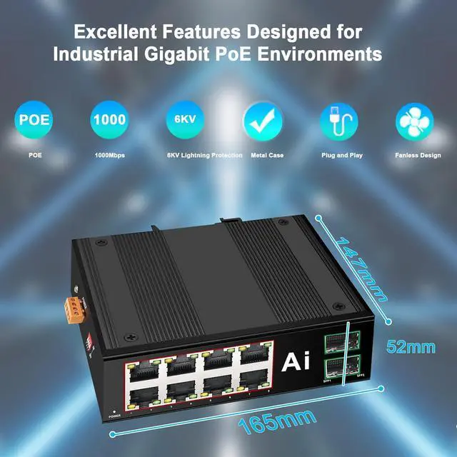 Alt view image 4 of 7 - Industrial 8 Ports PoE Switch with 2 x Gigabit SFP Uplink Slots and Industrial DIN Rail, POE Budget 120W, POE Watchdog, DIN-Rail POE Switch for PTZ Camera/POE Lighting/ POE Monitor