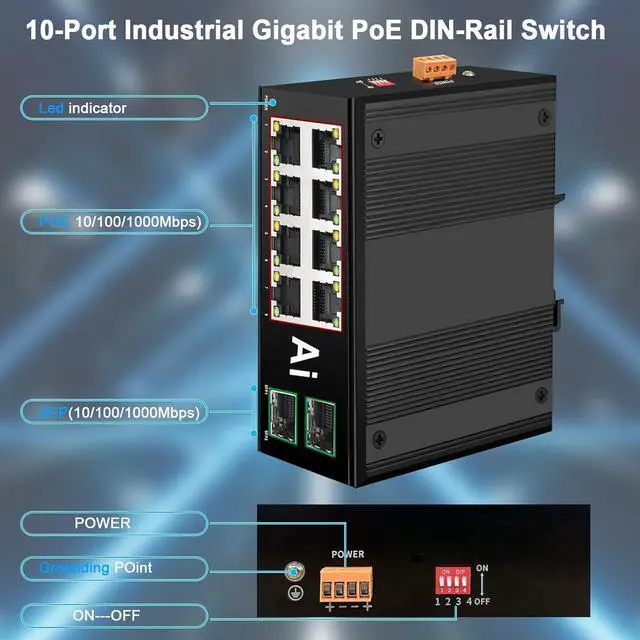 Alt view image 3 of 7 - Industrial 8 Ports PoE Switch with 2 x Gigabit SFP Uplink Slots and Industrial DIN Rail, POE Budget 120W, POE Watchdog, DIN-Rail POE Switch for PTZ Camera/POE Lighting/ POE Monitor