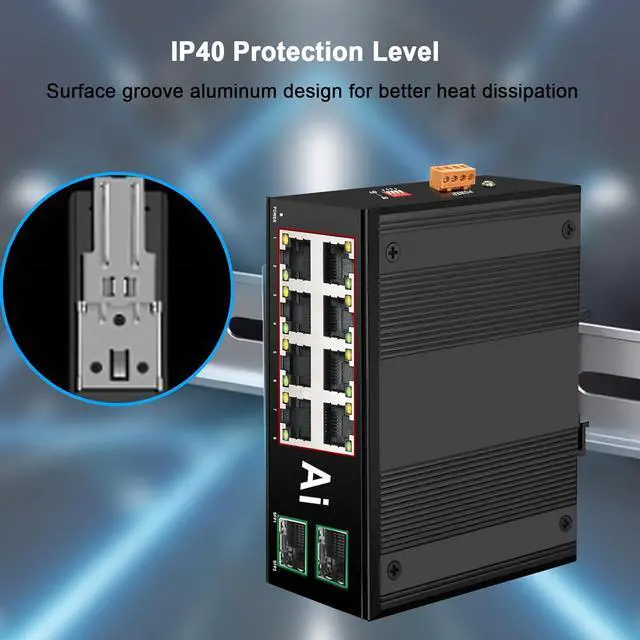 Alt view image 6 of 7 - Industrial 8 Ports PoE Switch with 2 x Gigabit SFP Uplink Slots and Industrial DIN Rail, POE Budget 120W, POE Watchdog, DIN-Rail POE Switch for PTZ Camera/POE Lighting/ POE Monitor