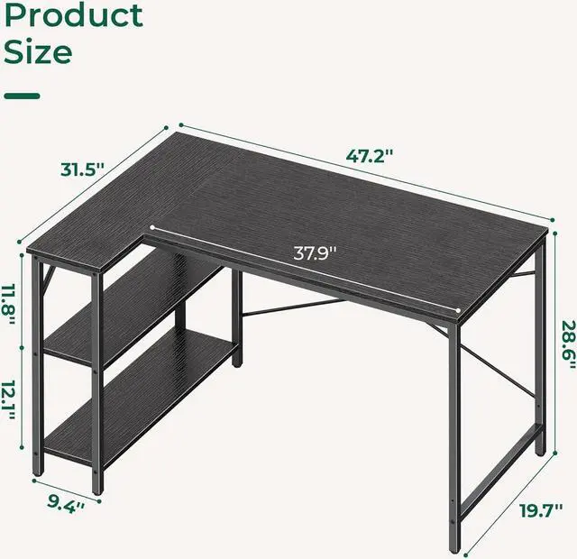 Alt view image 3 of 6 - 47" Small L Shaped Desk, 47 Inches Computer Desk with Reversible Storage Shelves, Gaming Desk, Corner Desk Home Office Desks, Writing Desk Study Desk with Metal Frame, Black