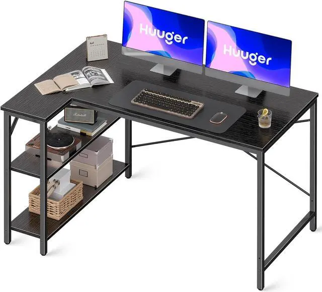 Main image of 47" Small L Shaped Desk, 47 Inches Computer Desk with Reversible Storage Shelves, Gaming Desk, Corner Desk Home Office Desks, Writing Desk Study Desk with Metal Frame, Black